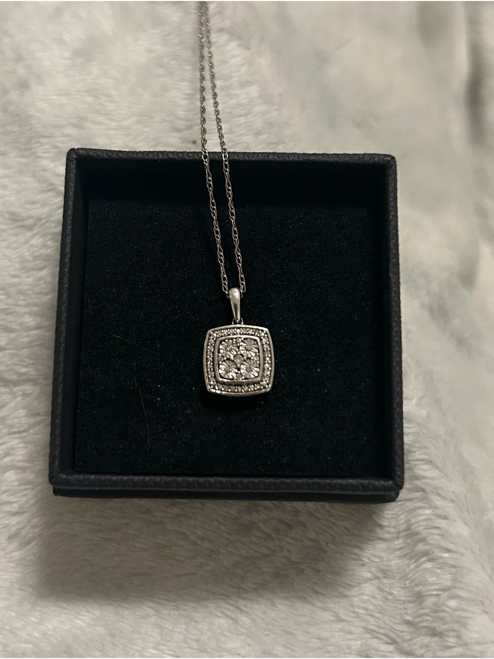 Silver Square Halo Pendant Necklace with White Stones